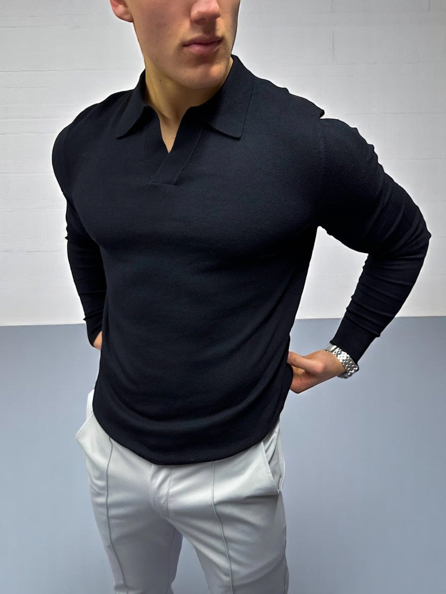 Rockefeller Uzun Kollu Polo Yaka Tişört - Siyah