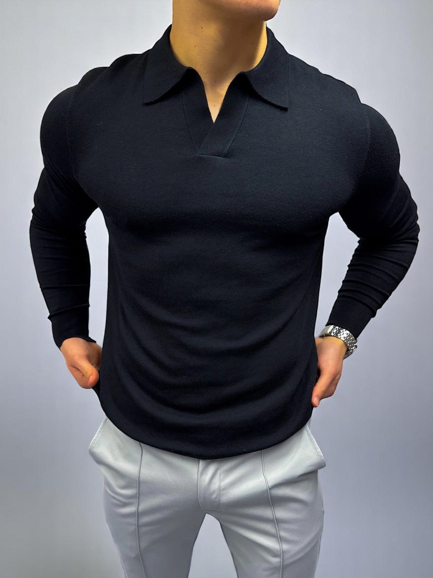 Rockefeller Uzun Kollu Polo Yaka Tişört - Siyah