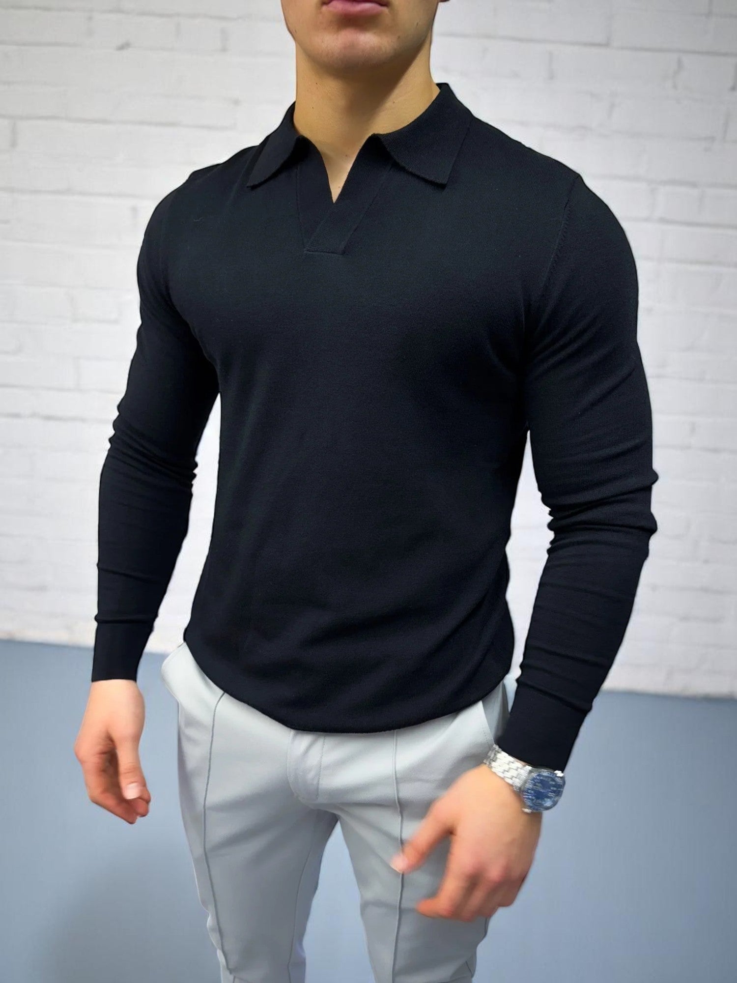 Rockefeller Uzun Kollu Polo Yaka Tişört - Siyah