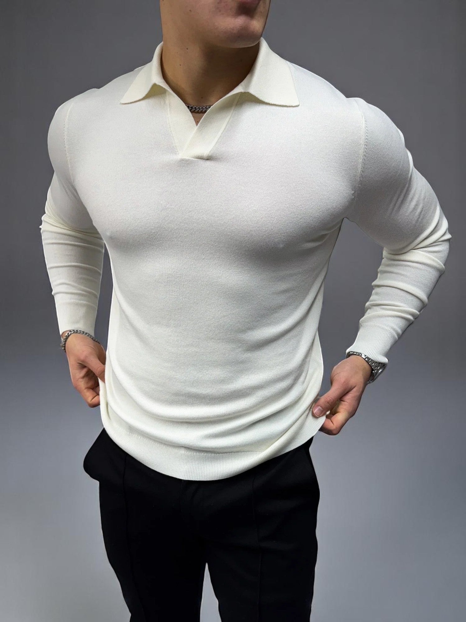 Rockefeller Uzun Kollu Polo Yaka Tişört - Beyaz