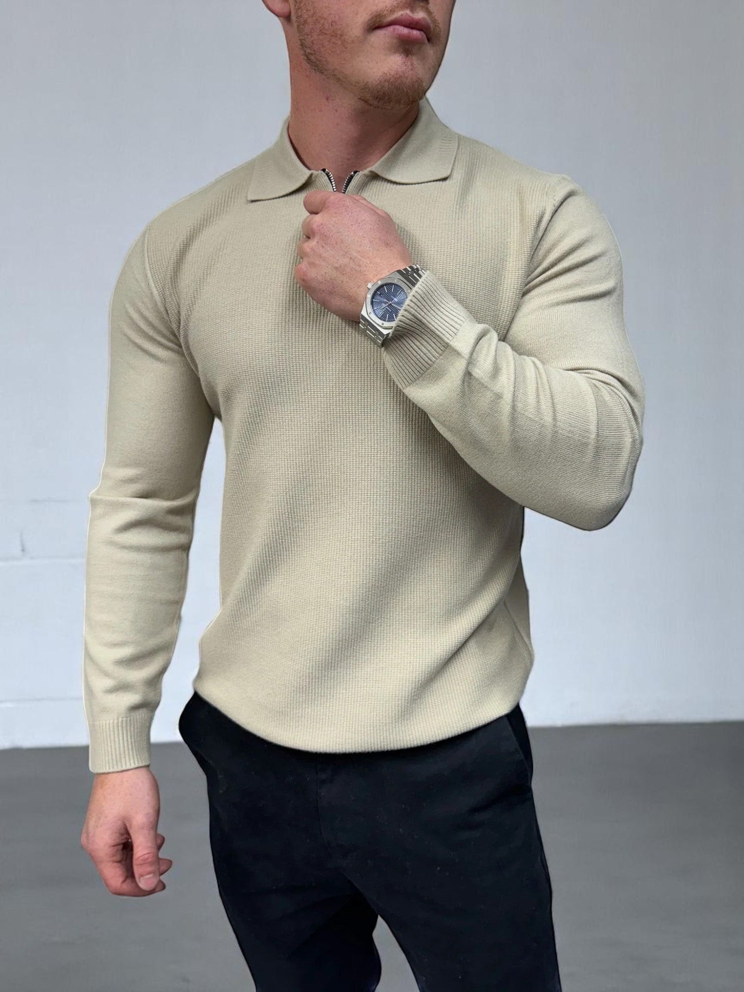 Uzun Kollu Fermuarlı Polo - Bej