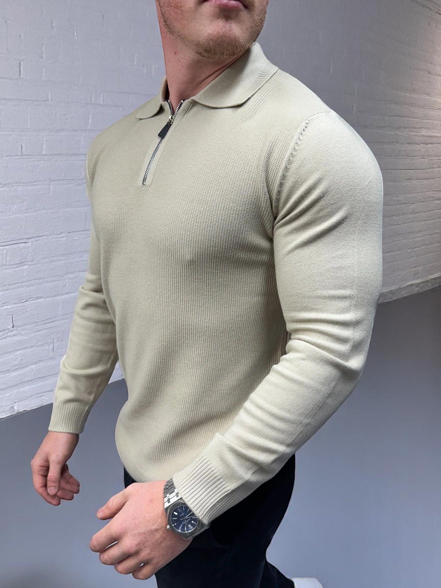 Uzun Kollu Fermuarlı Polo - Bej