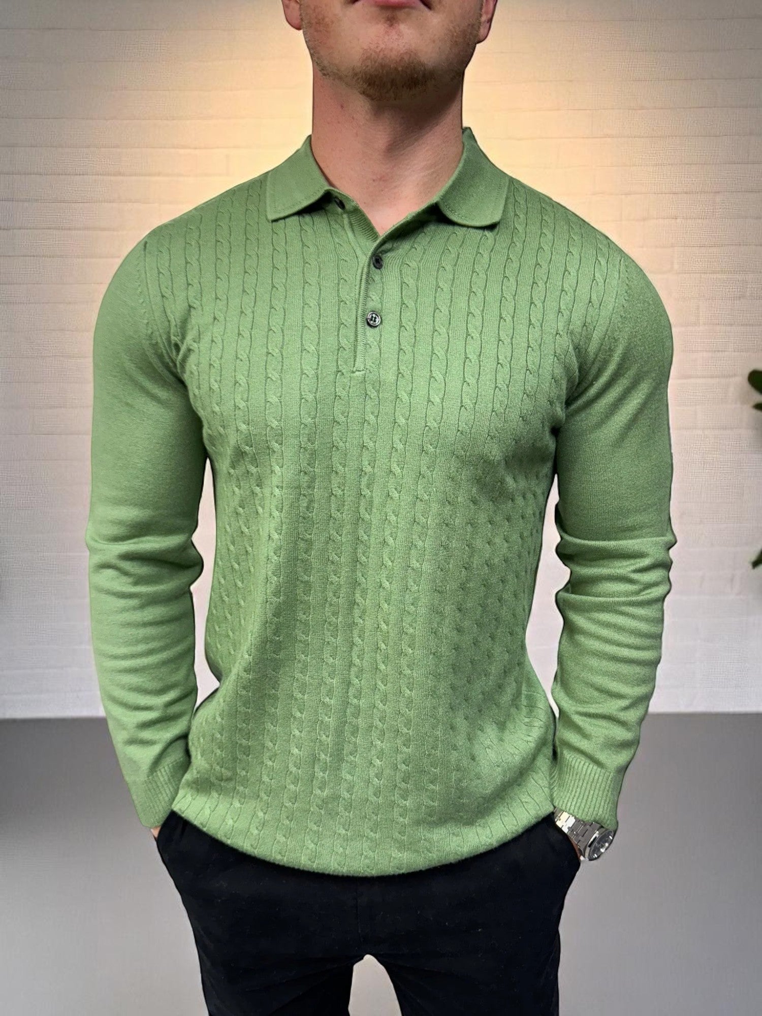 Uzun Kollu Düğmeli Polo - Haki