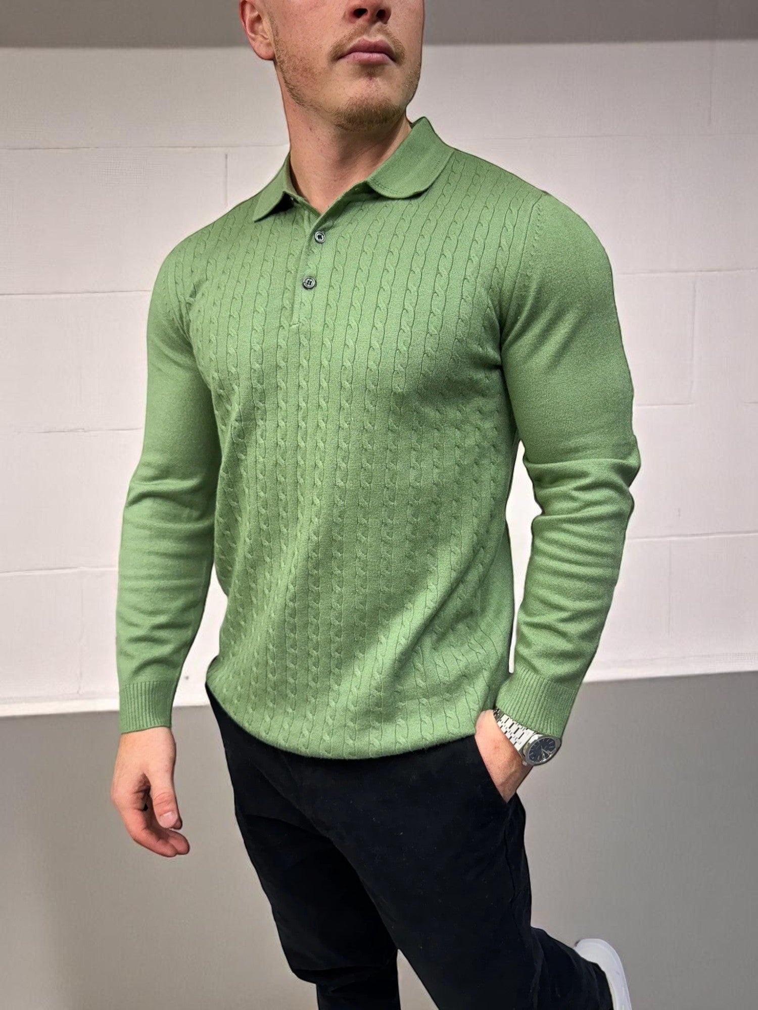 Uzun Kollu Düğmeli Polo - Haki