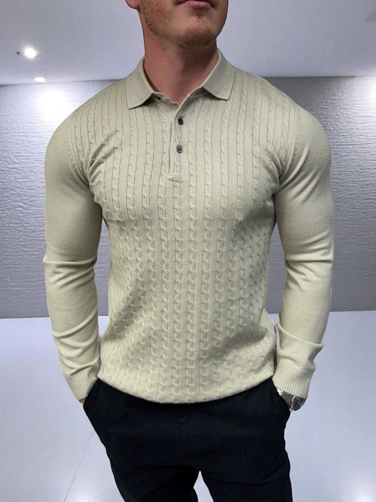 Uzun Kollu Düğmeli Polo - Bej