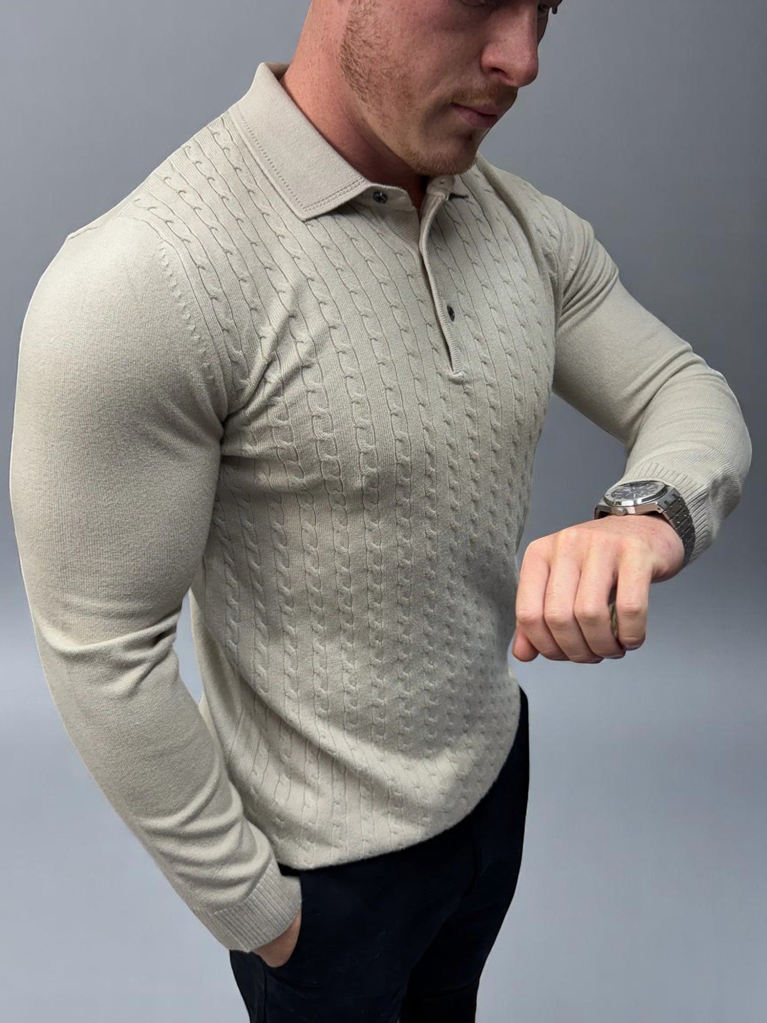 Uzun Kollu Düğmeli Polo - Bej