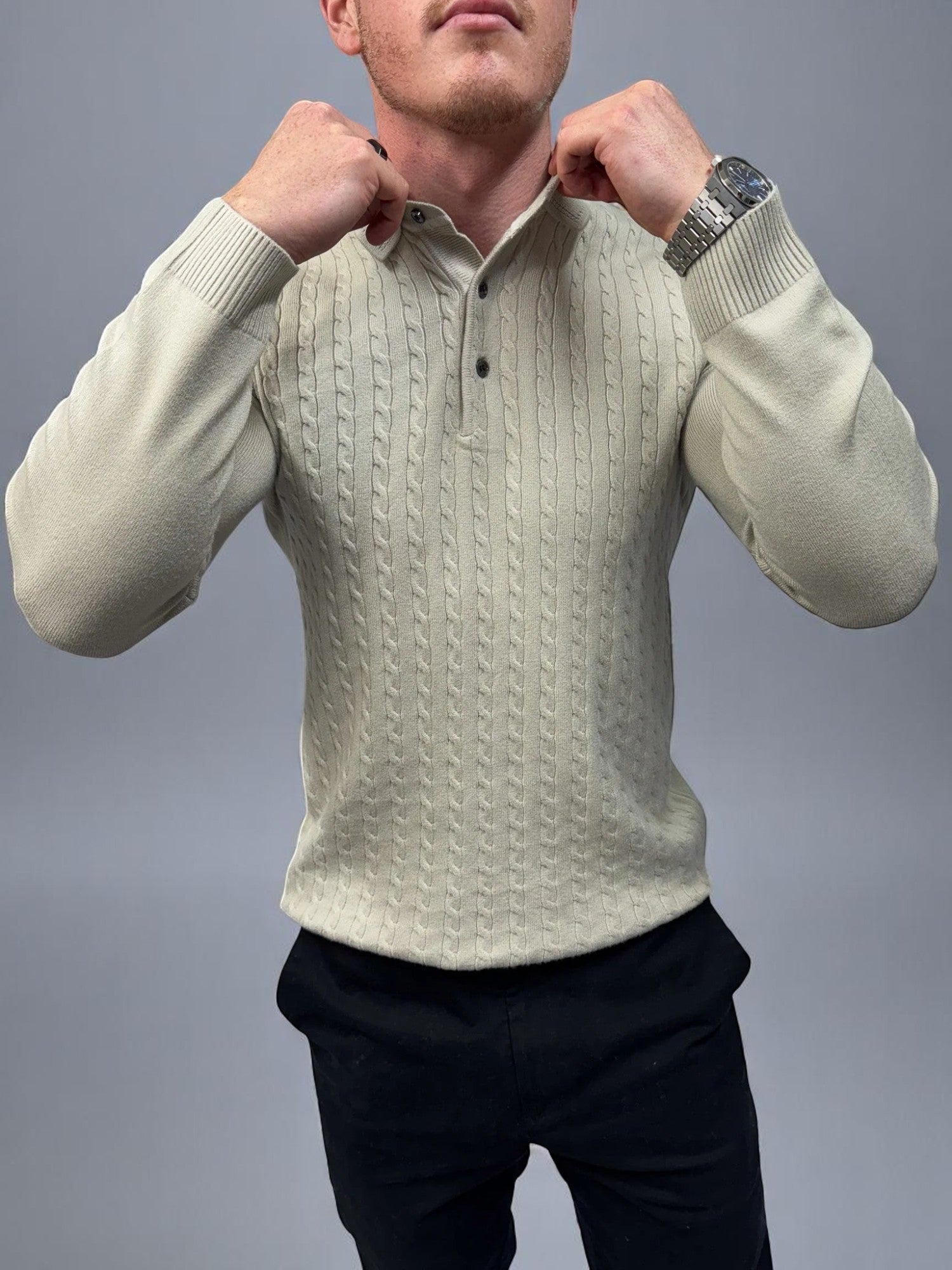 Uzun Kollu Düğmeli Polo - Bej