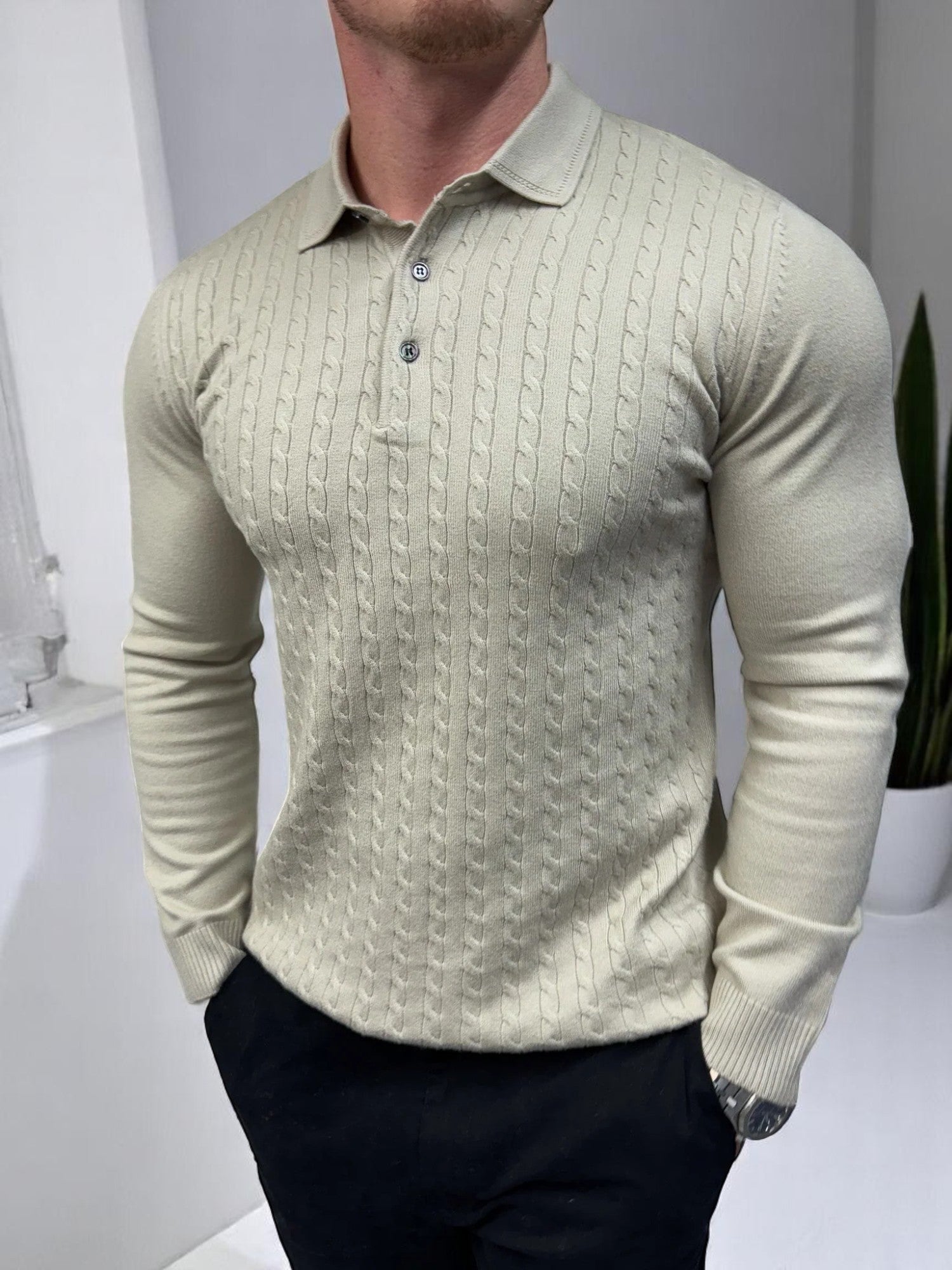 Uzun Kollu Düğmeli Polo - Bej