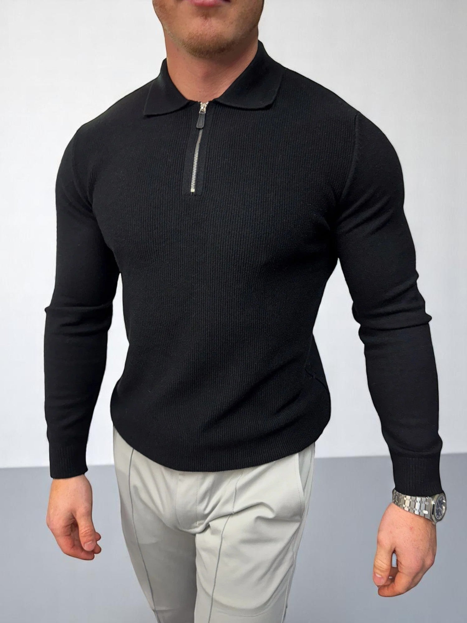 Uzun Kollu Fermuarlı Polo - Siyah