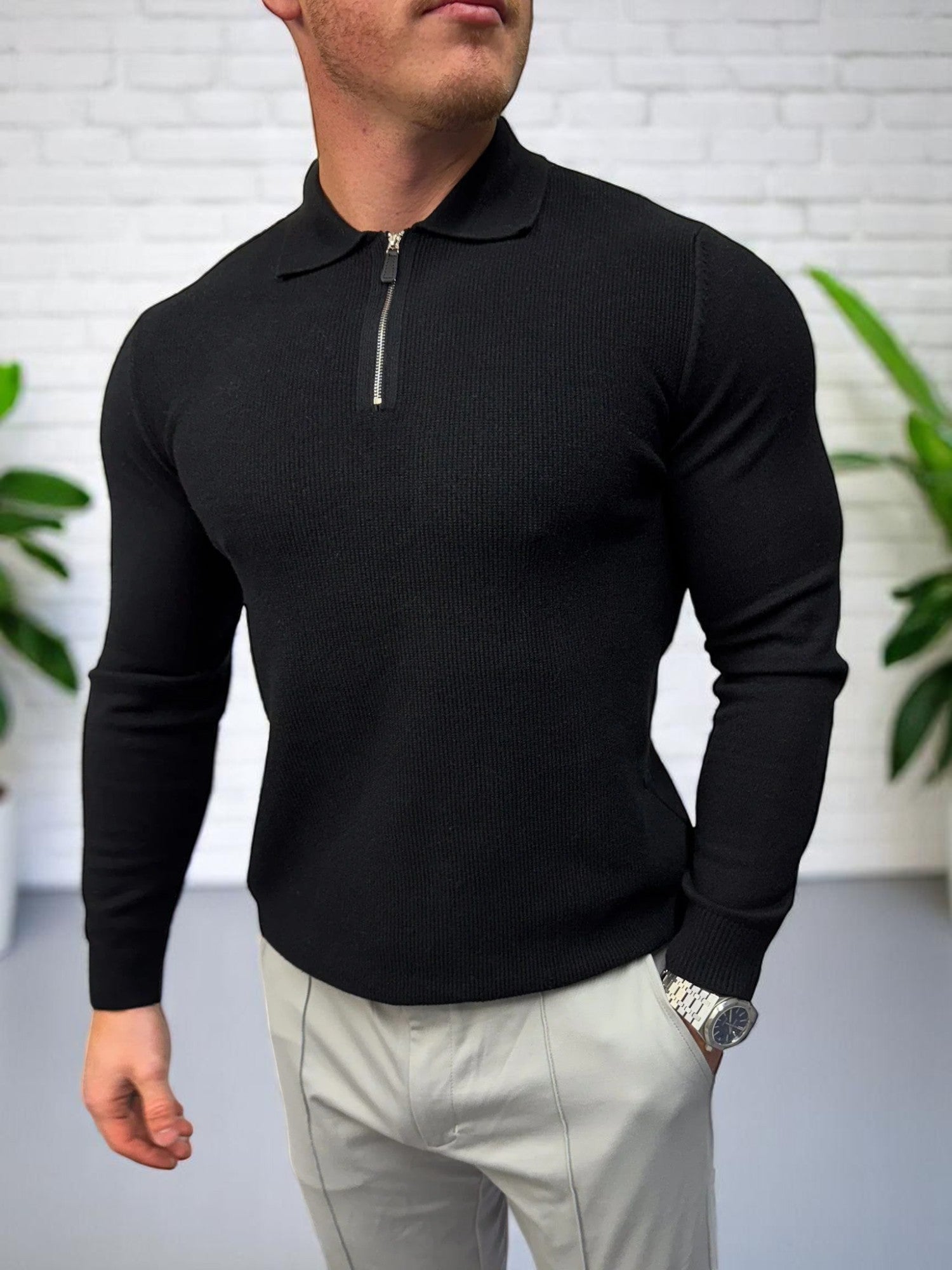 Uzun Kollu Fermuarlı Polo - Siyah