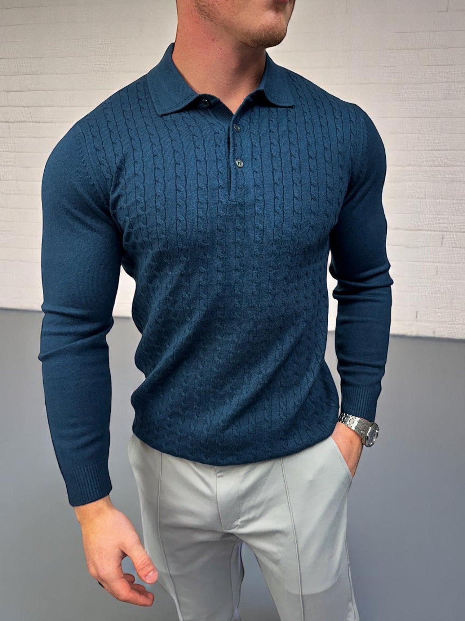 Uzun Kollu Düğmeli Polo - Lacivert