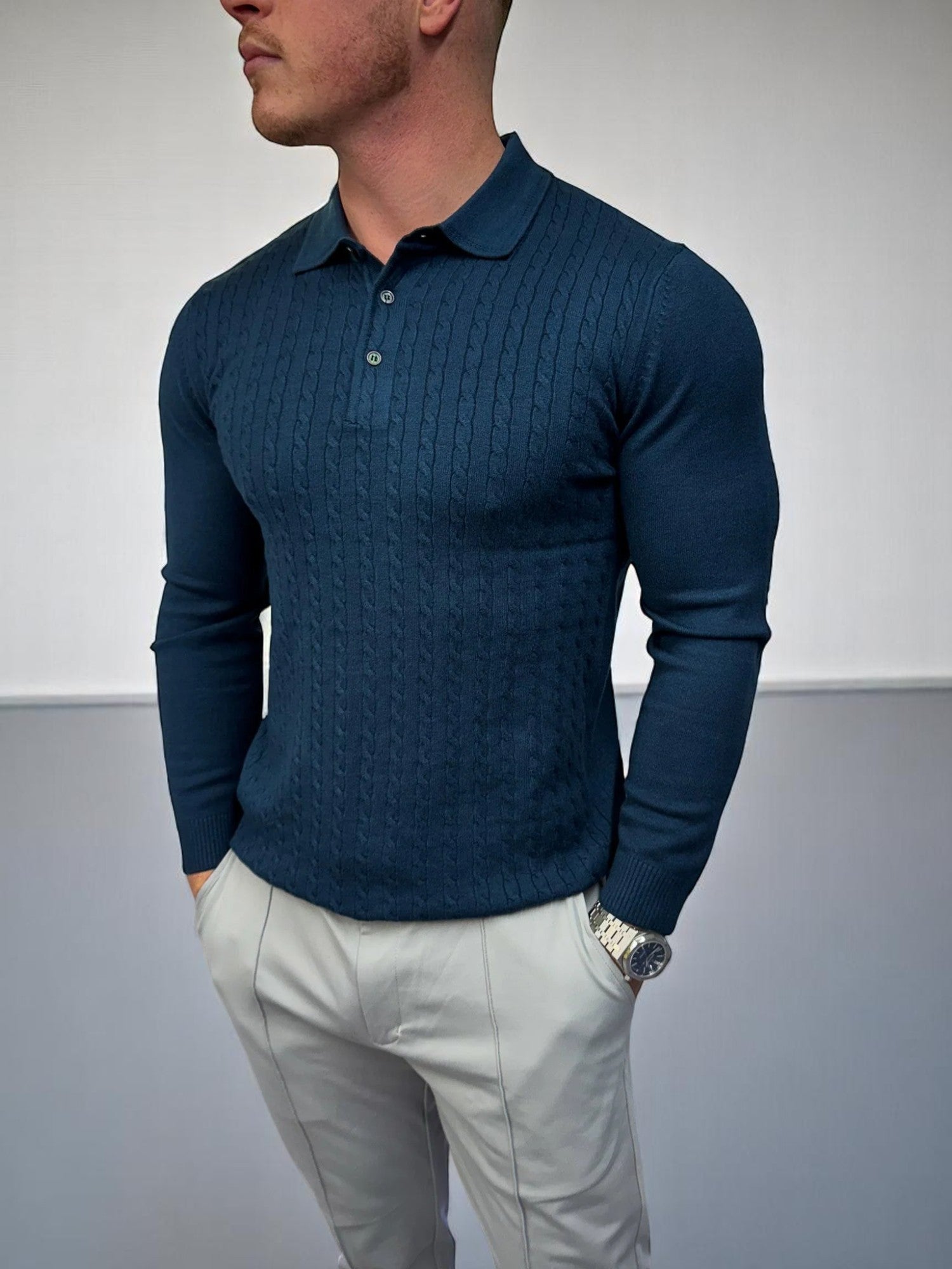 Uzun Kollu Düğmeli Polo - Lacivert