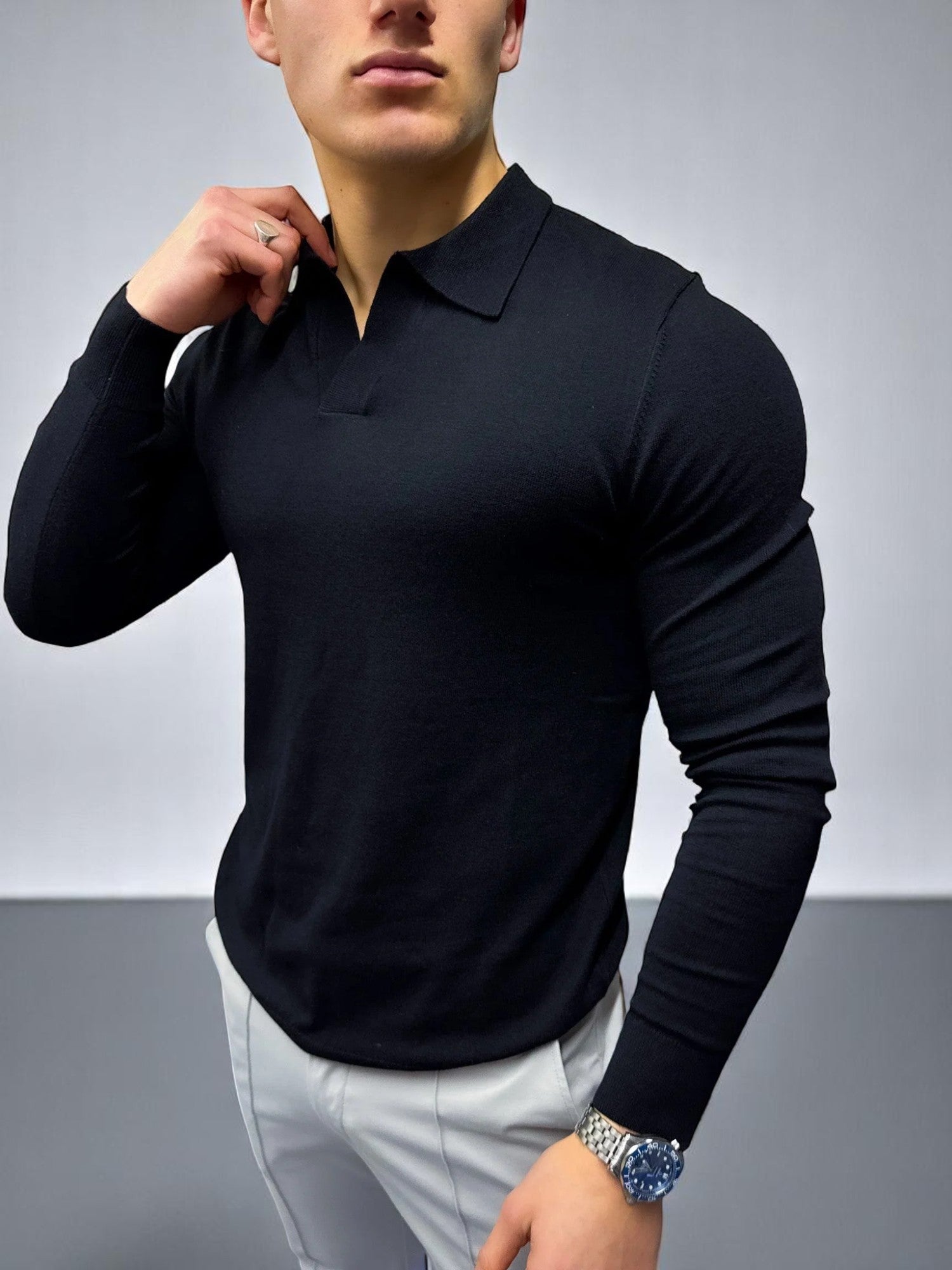 Rockefeller Uzun Kollu Polo Yaka Tişört - Siyah