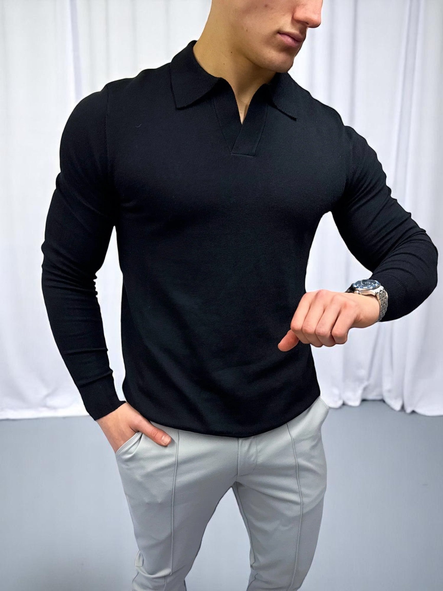 Rockefeller Uzun Kollu Polo Yaka Tişört - Siyah