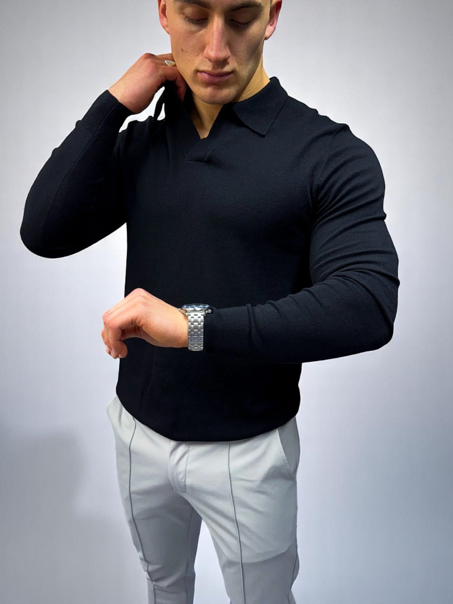 Rockefeller Uzun Kollu Polo Yaka Tişört - Siyah