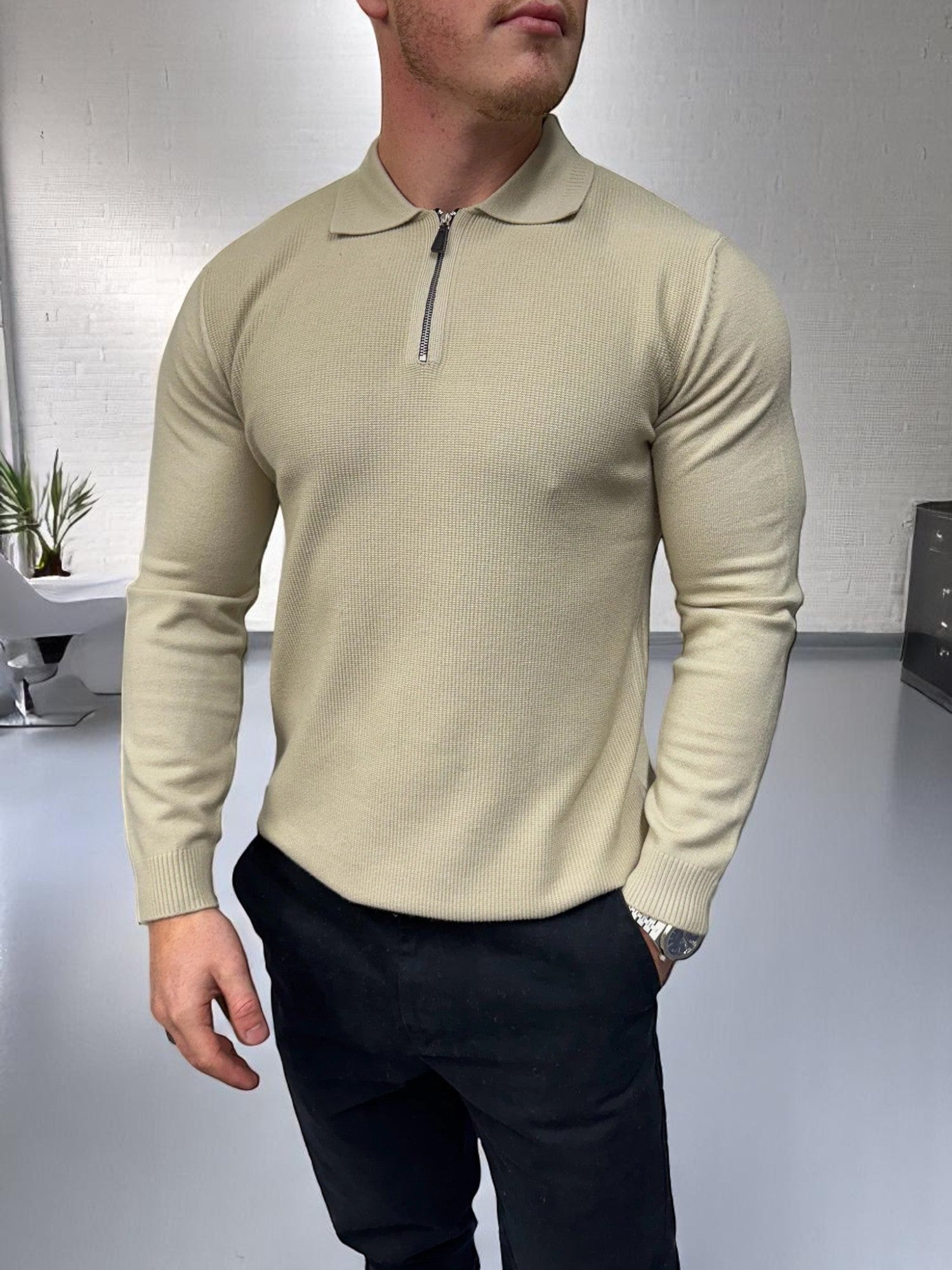 Uzun Kollu Fermuarlı Polo - Bej