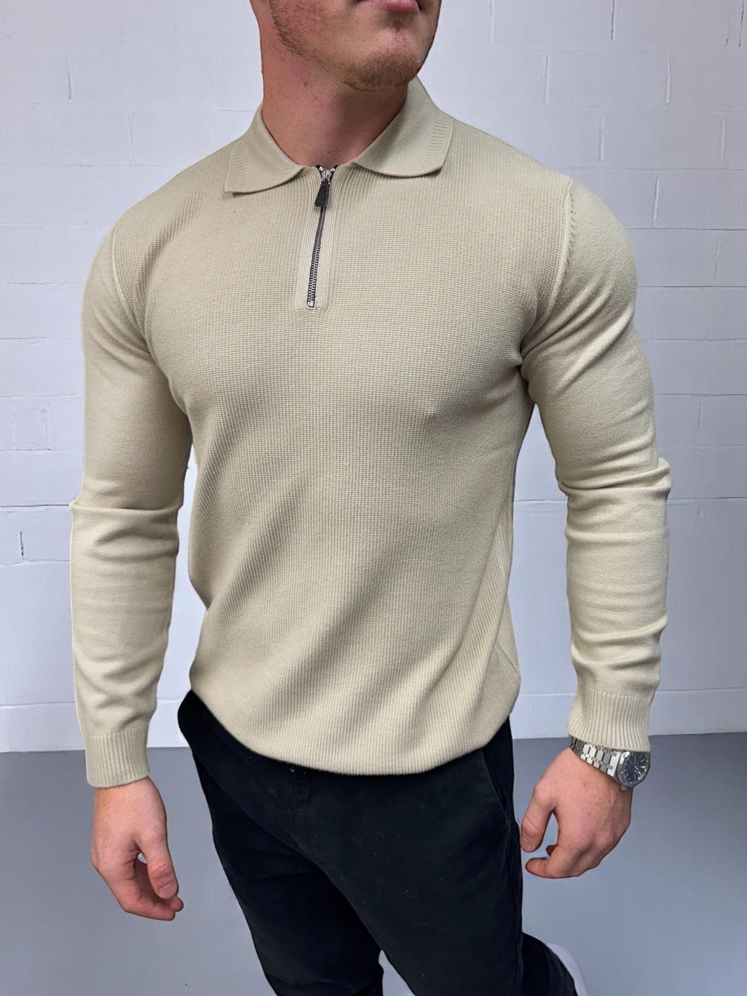 Uzun Kollu Fermuarlı Polo - Bej