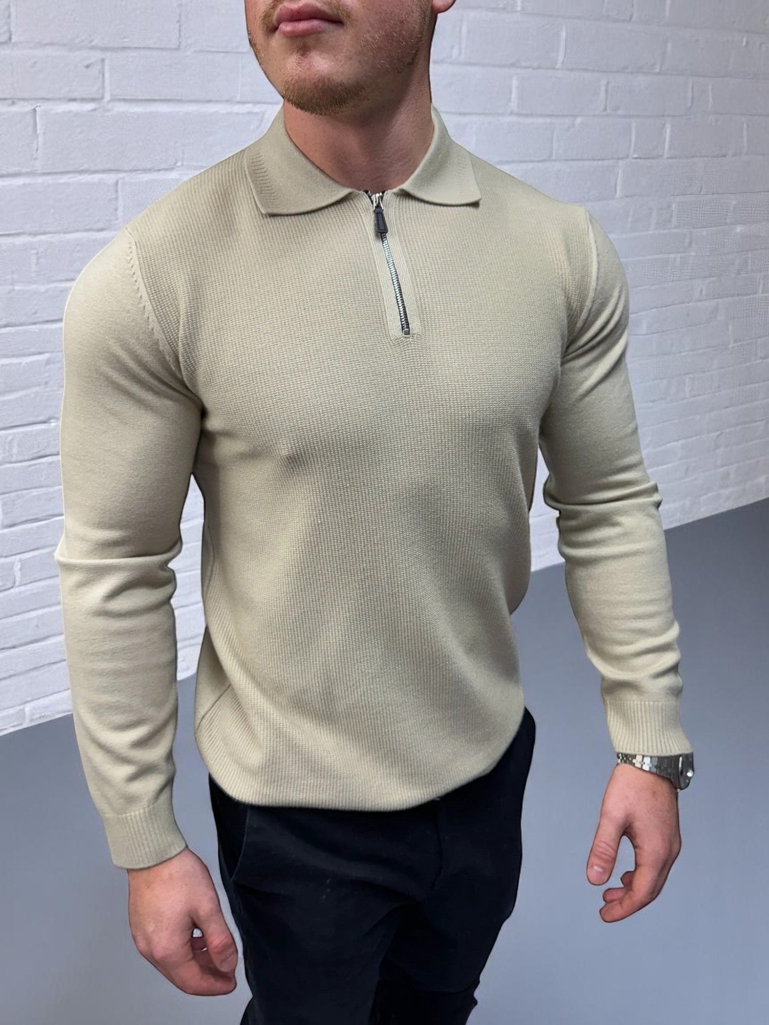 Uzun Kollu Fermuarlı Polo - Bej