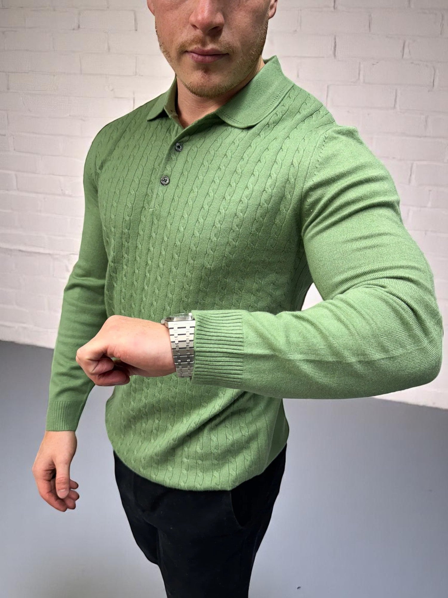 Uzun Kollu Düğmeli Polo - Haki