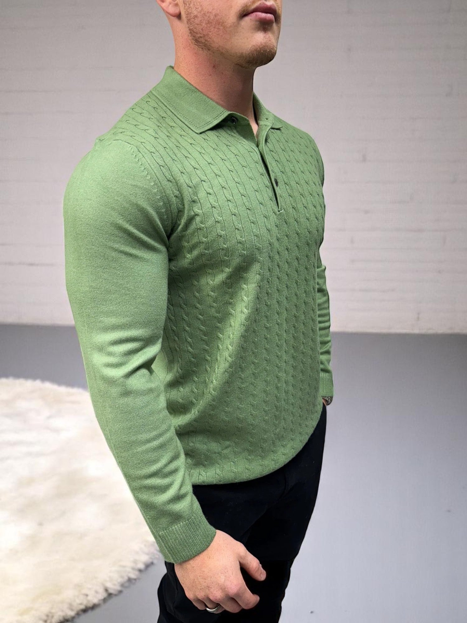 Uzun Kollu Düğmeli Polo - Haki