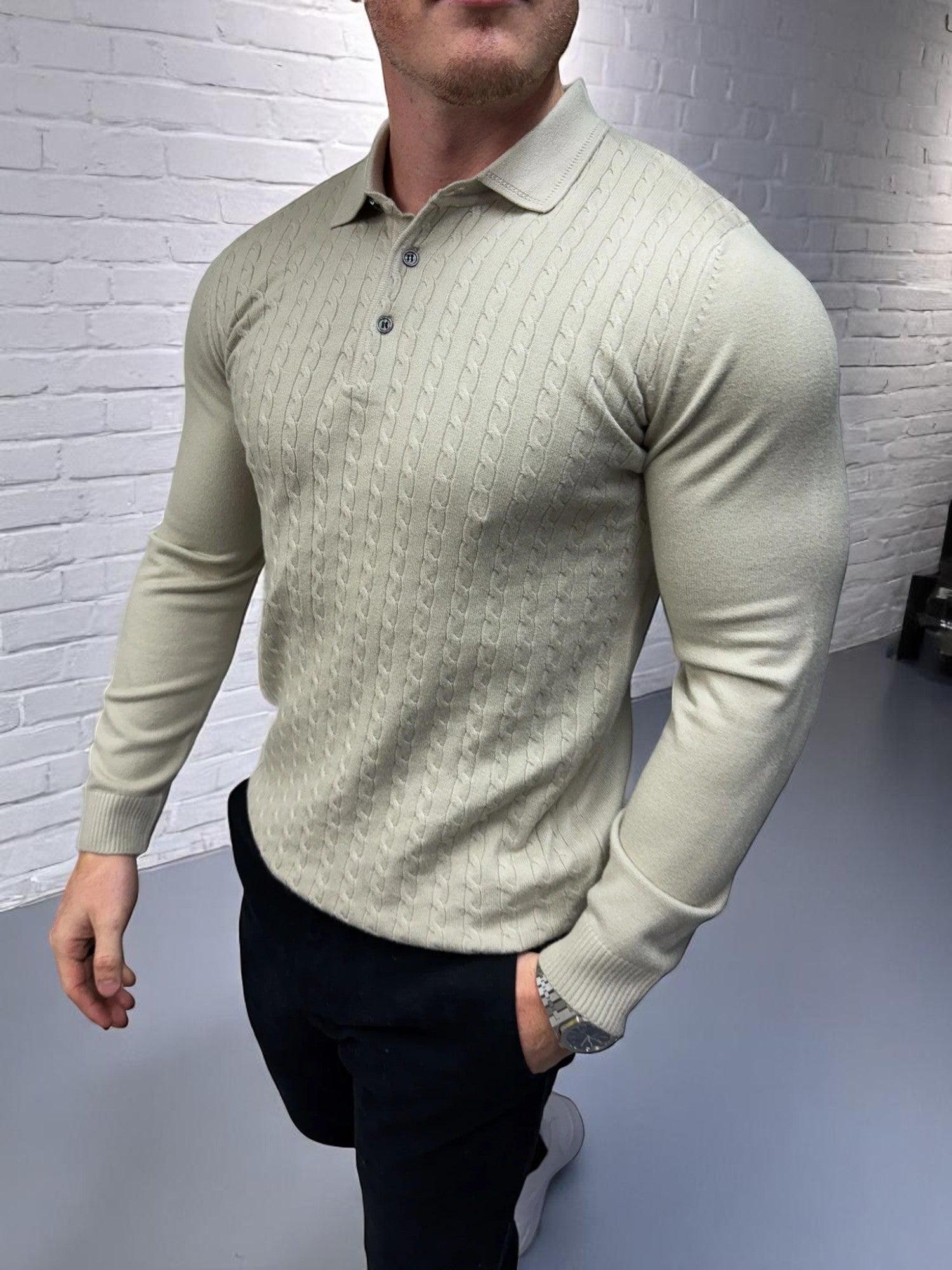 Uzun Kollu Düğmeli Polo - Bej