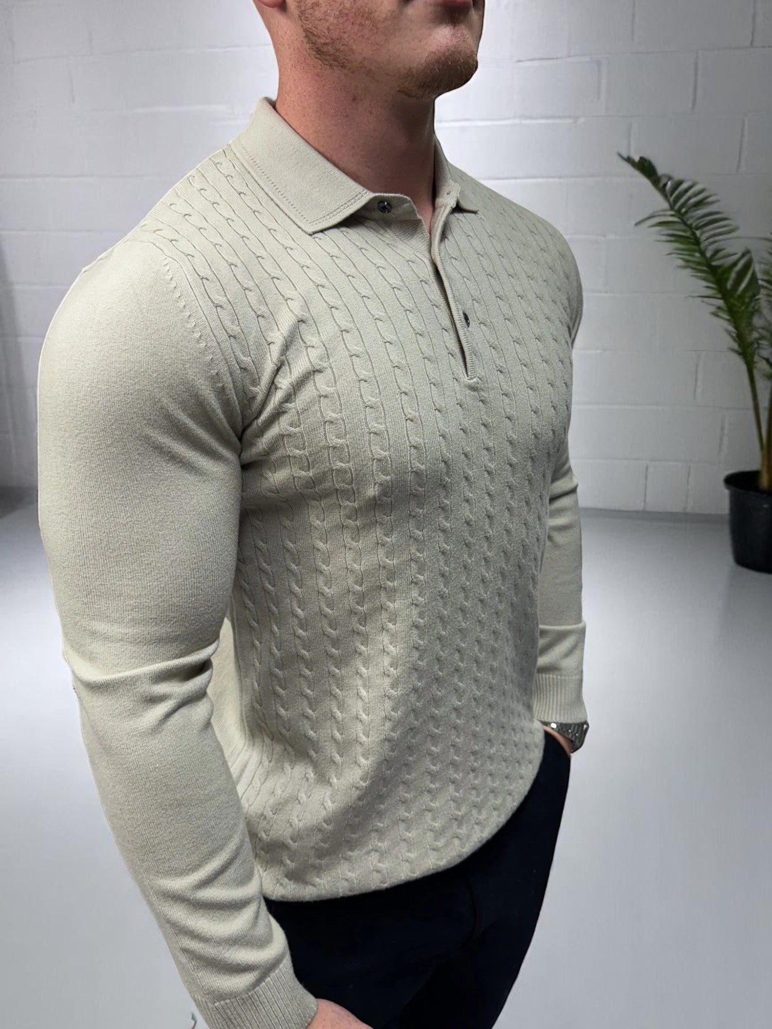 Uzun Kollu Düğmeli Polo - Bej