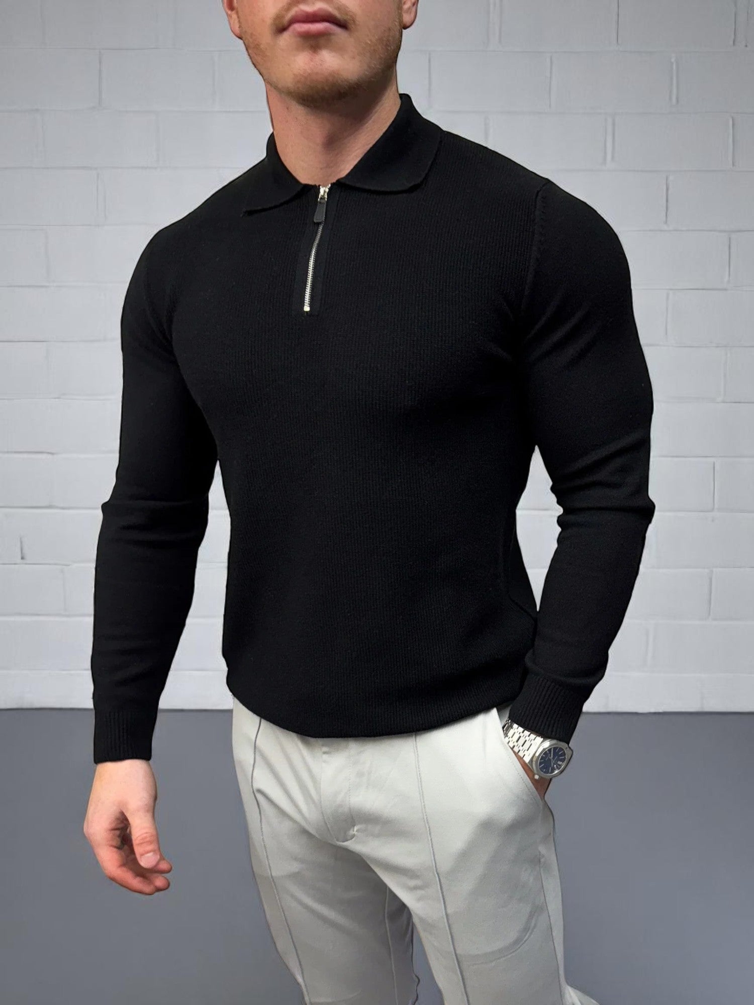 Uzun Kollu Fermuarlı Polo - Siyah