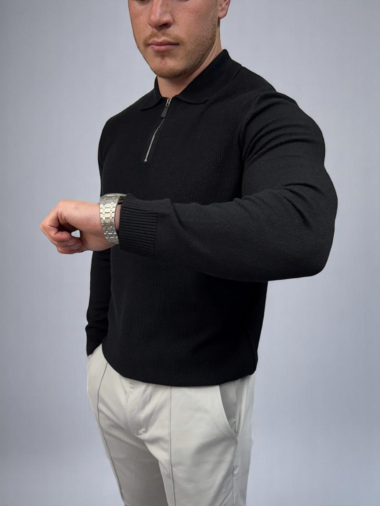 Uzun Kollu Fermuarlı Polo - Siyah