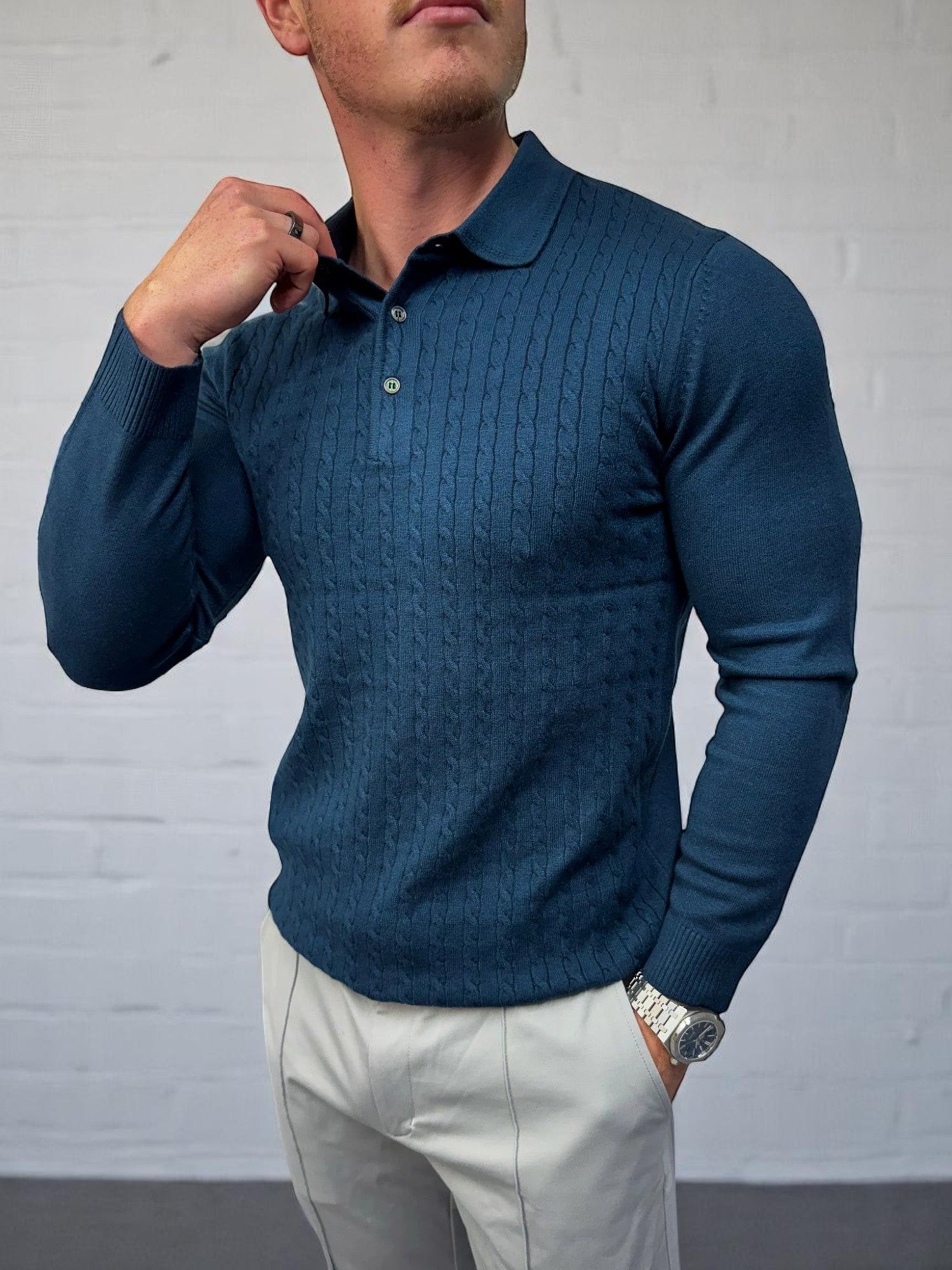 Uzun Kollu Düğmeli Polo - Lacivert